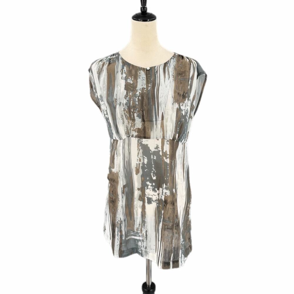 Cabi NEW #651 Painted Gray White Watercolor Sheer Chiffon Abstract Tunic Blouse